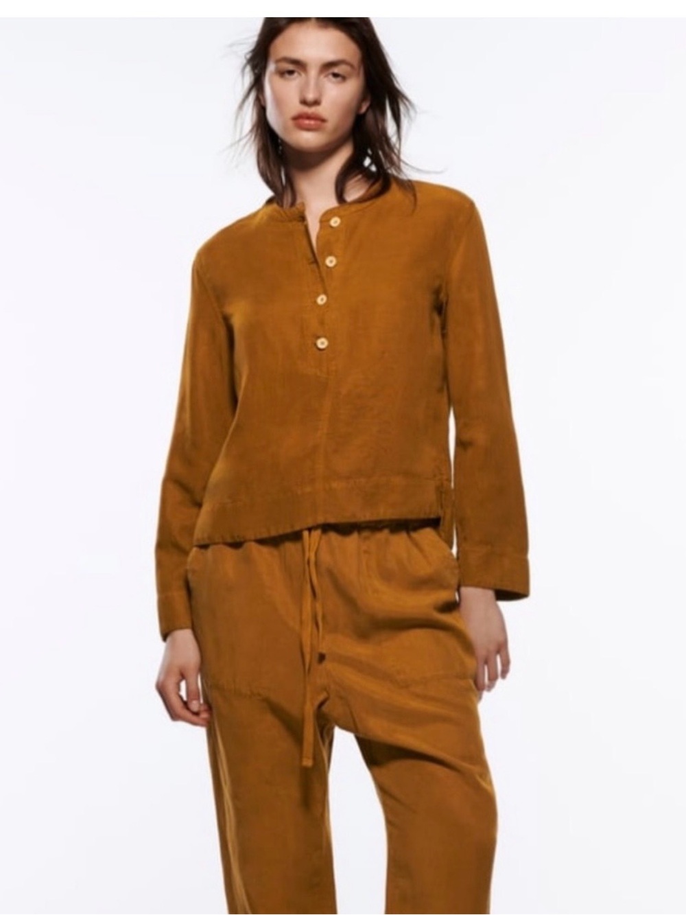 Zara Tan Brown slouchy linen pant top  Set Large